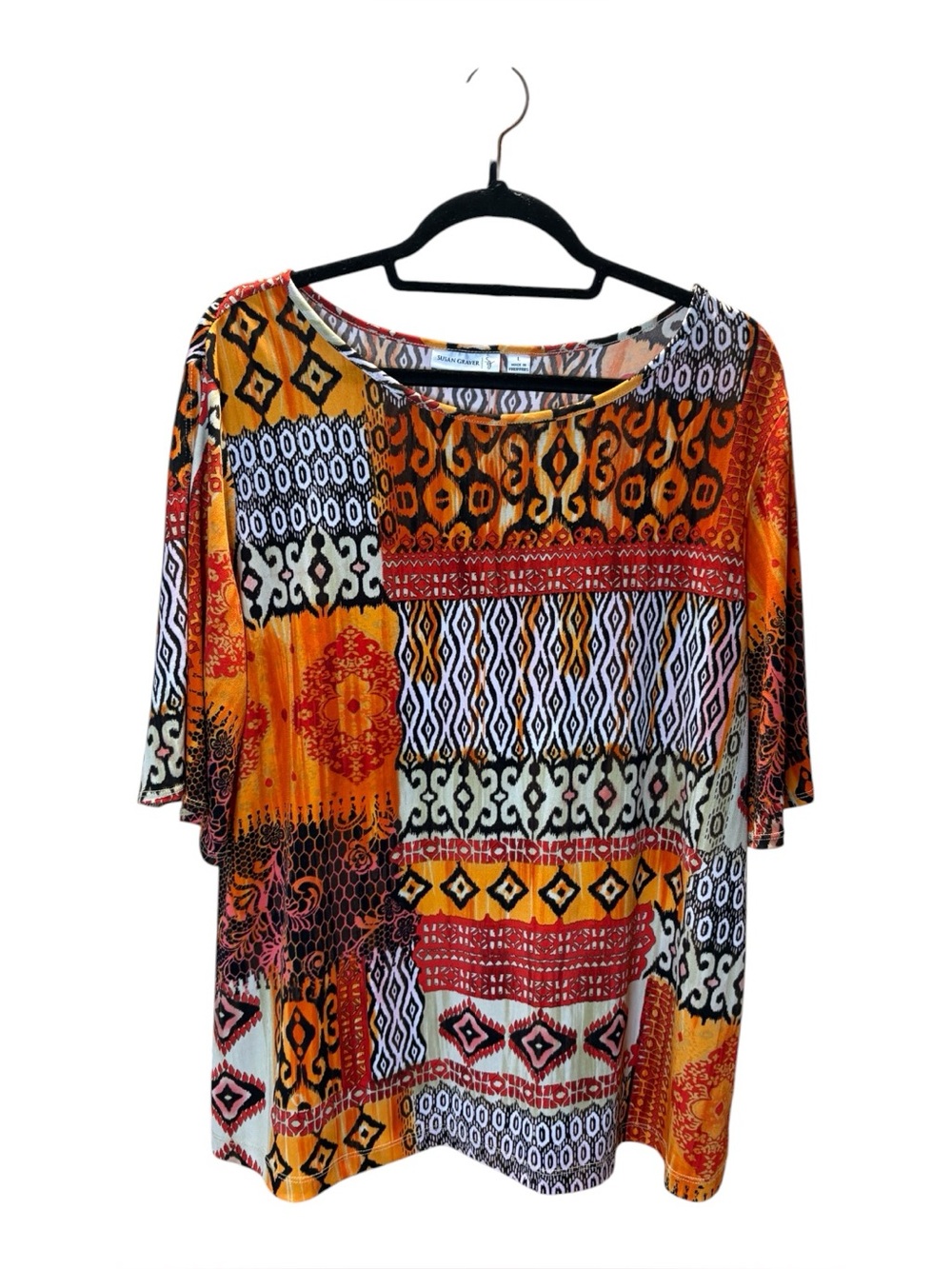 Susan Graver Multi‑Color Patterned Elbow Sleeve Top